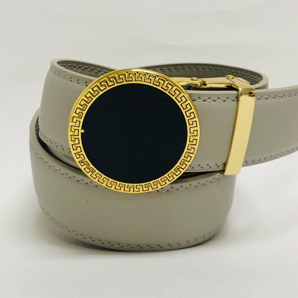 Gray Leather Belt Automatic Buckle Slide Belts NoHole Strep Ratchet Men ALL SIZE